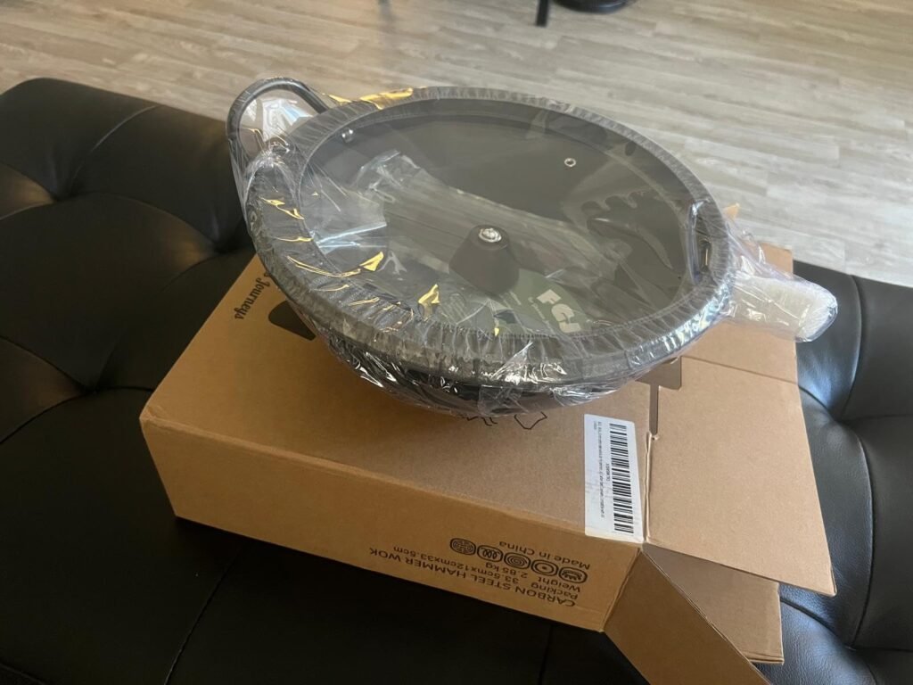 FGJ Wok, 13 Inch Carbon Steel Wok Pan Set 6PCS & Stir-fry Pans Nonstick, Pre-Seasoned 5.8QT Flat Bottom Chinese Woks Paella Pan Set, Carbon Steel Cookware, Compatible with All Cooktops